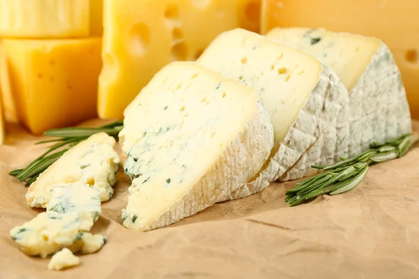 Various types of cheese with rosemary on table close up — Stock Photo, Image