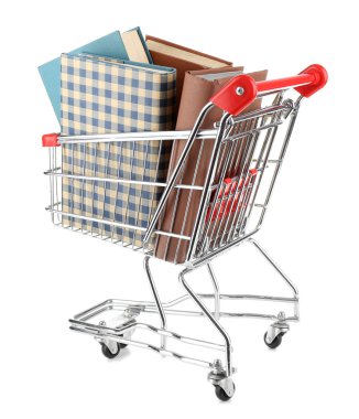 Alışveriş sepeti ile üzerine beyaz izole kitap
