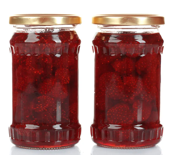 Pots de confiture de fraises isolés sur blanc — Photo