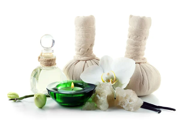 Massage bags, sea salt and orchid flower — Stock Photo, Image