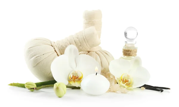 Massage bags, sea salt and orchid flower — Stock Photo, Image