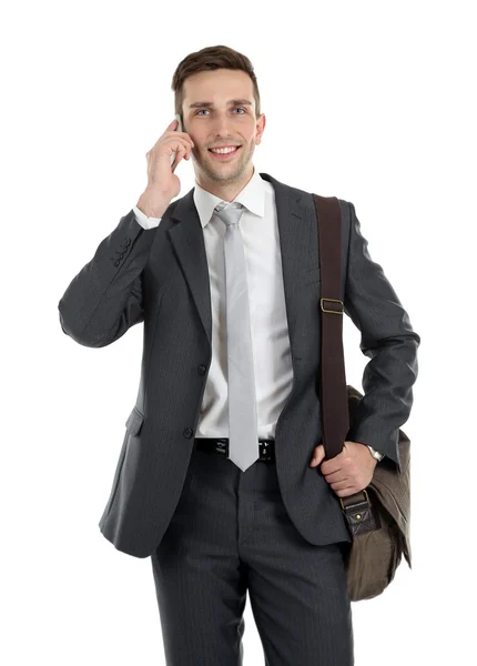 Homem segurando saco isolado no branco — Fotografia de Stock