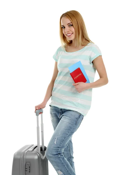 Woman holding suitcase — Stock Photo, Image