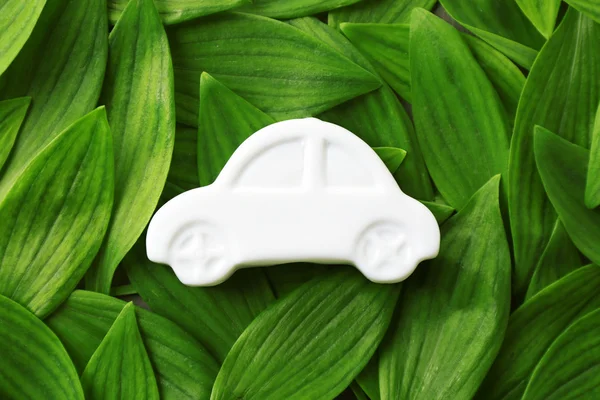 Coche de juguete en hojas verdes — Foto de Stock