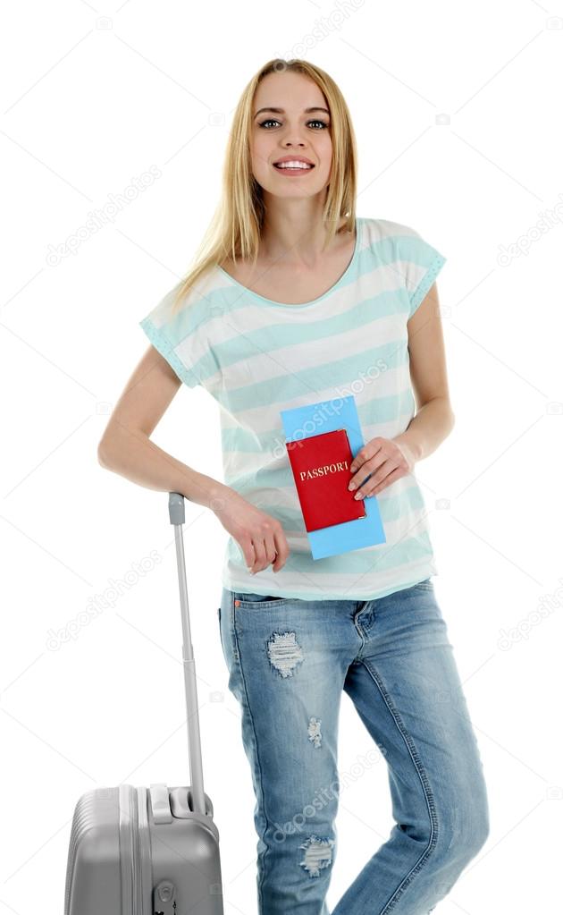 Woman holding suitcase