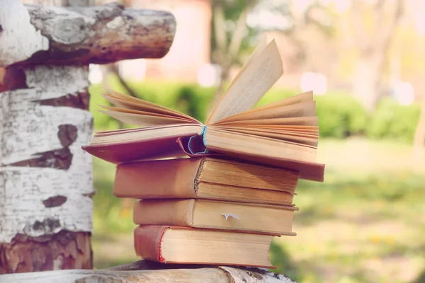 Stapel boeken op Bank, buitenshuis — Stockfoto