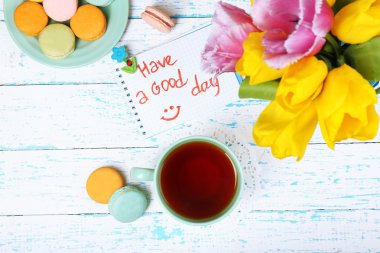 kompozisyon ile Günaydın top ahşap arka plan görünümü