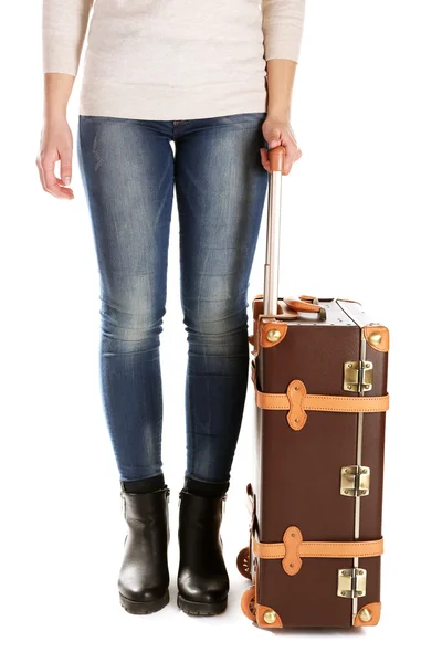 Femme avec valise isolée sur blanc — Photo