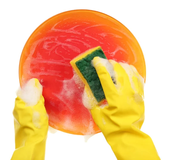 Vrouwelijke hand wassen schotel — Stockfoto