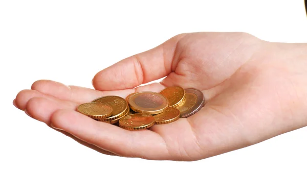 Female hand with coins isolated on white — Stock Photo, Image