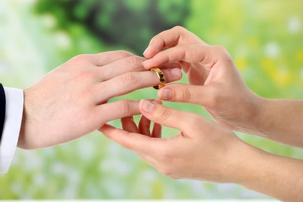 Woman and man holding wedding rings, close-up, on bright background Royalty Free Stock Photos