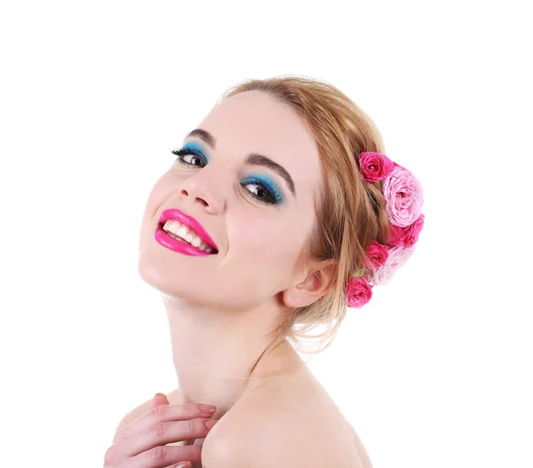 Portrait of young woman with flowers in hair isolated on white — Stock Photo, Image