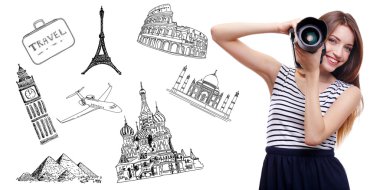 Genç kadın fotoğrafçı beyaz izole fotoğraf çekmek