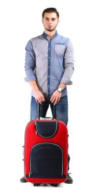 Adam mavi tişört ve kot çanta