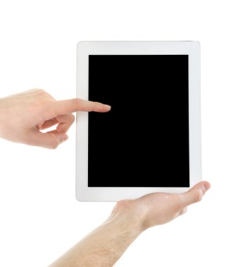 Dijital tablet üzerinde beyaz izole holding erkek eller