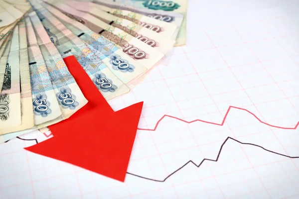 Money and red arrow on graph document close up — Stock Photo, Image