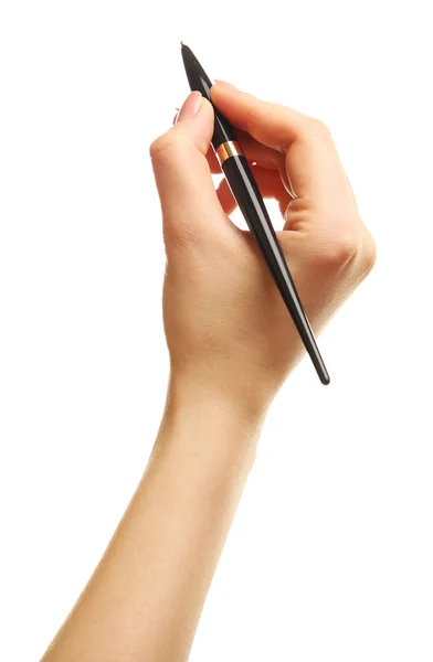 Vrouwelijke hand met pen geïsoleerd op wit — Stockfoto