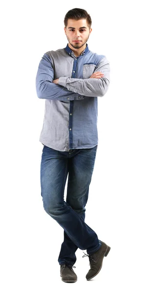 Uomo in camicia blu e jeans isolato su bianco — Foto Stock