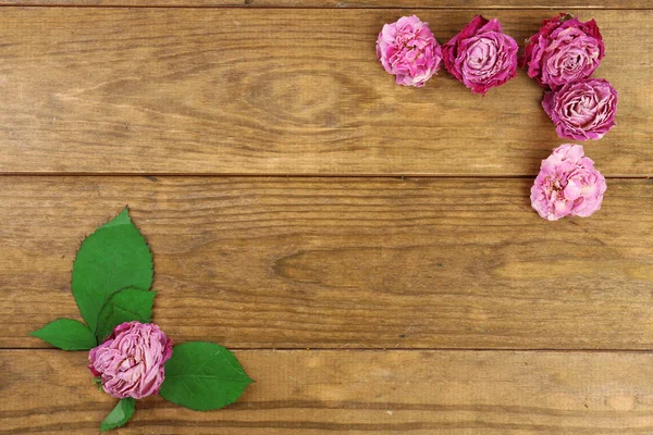 Mooie droge bloemen en bladeren op houten achtergrond — Stockfoto