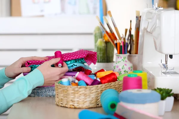 Seamstress hands - work flow, close up — Stock Photo, Image