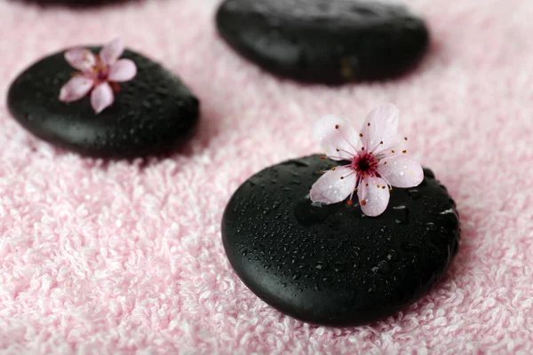 Piedras de spa y flores de primavera sobre fondo de toalla — Foto de Stock