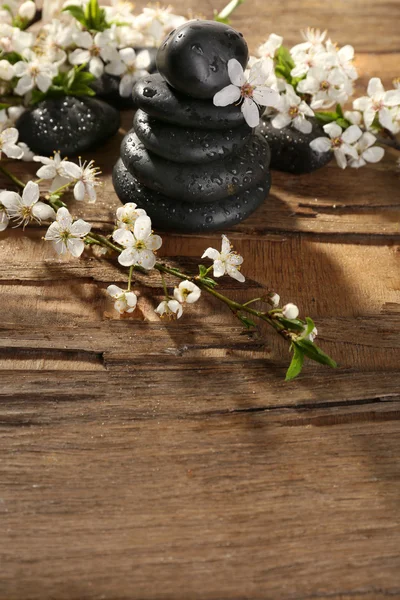 Spa stones with spring flowers on wooden background — Stock Photo, Image