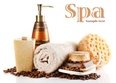 Kozmetik şişe, sabun ve havlu, beyaz izole bileşimi