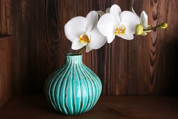 Orquídea branca em fundo de madeira — Fotografia de Stock