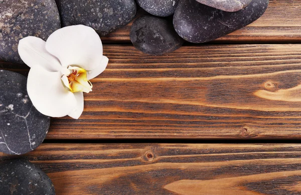 Pedras de spa e flor de orquídea em fundo de madeira — Fotografia de Stock