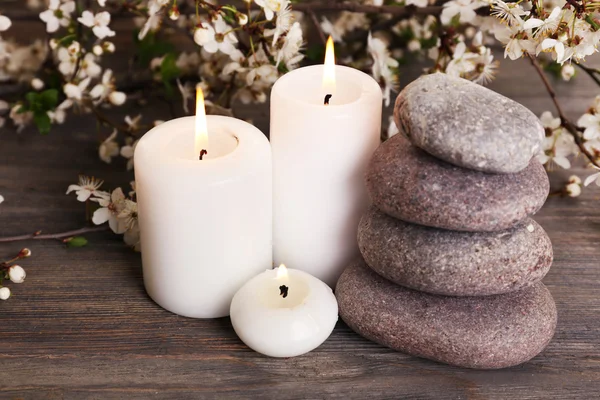 Spa still life with flowering branches on wooden table, closeup — Stock Photo, Image