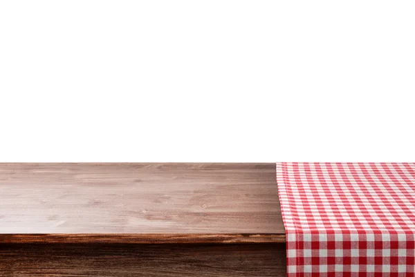 Mesa de madeira vazia com guardanapo e fundo branco — Fotografia de Stock