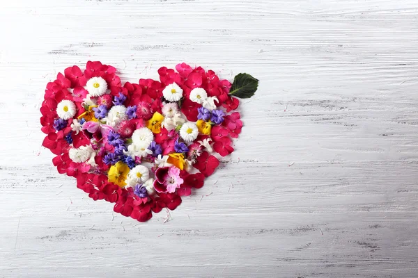 Bloemblaadjes van prachtige Lentebloemen in de vorm van hart op houten achtergrond — Stockfoto