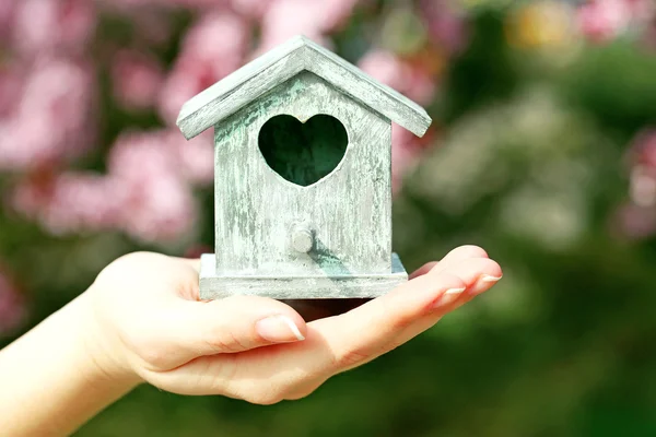 Dekorativ fågelholk i kvinnliga händer på blommande trädgård bakgrund — Stockfoto