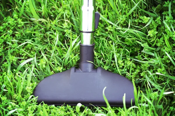 El tubo metálico de la aspiradora en la acción - la alfombra limpia de la hierba verde presente. Concepto ecológico — Foto de Stock