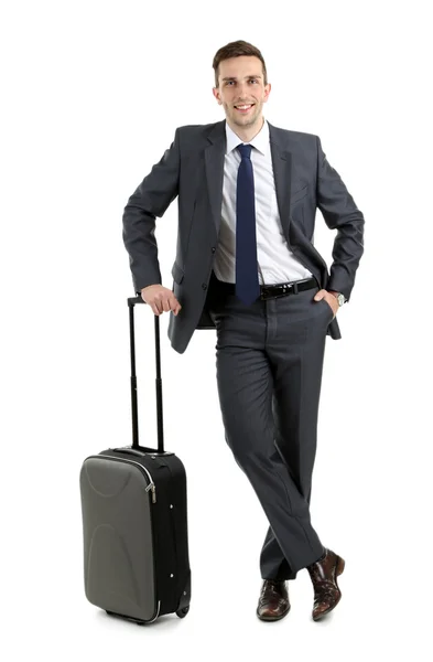 Man holding suitcase isolated on white — Stock Photo, Image