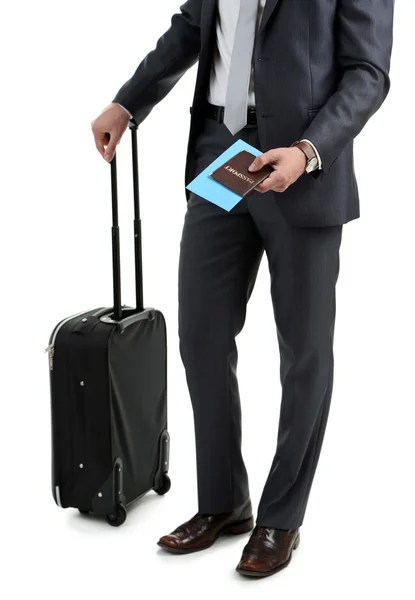 Hombre sosteniendo maleta aislada en blanco — Foto de Stock