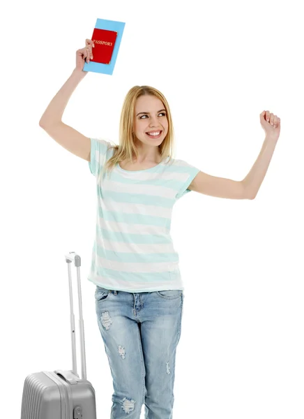 Woman holding suitcase, isolated on white — Stock Photo, Image