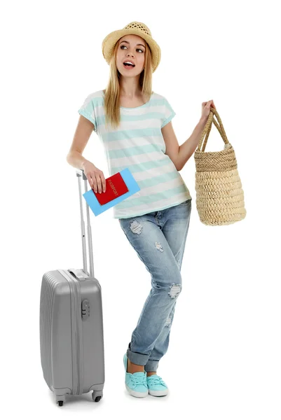 Woman holding suitcase, isolated on white — Stock Photo, Image