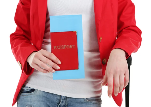 Mujer con pasaporte y billete, aislada en blanco —  Fotos de Stock