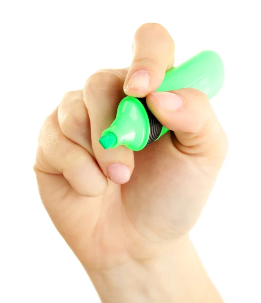 Weibliche Hand mit Textmarker an der Spitze isoliert auf weiß — Stockfoto