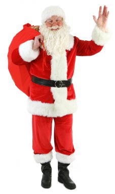 Noel Baba bir çanta, beyaz arka plan üzerinde izole hediye kutuları dolu