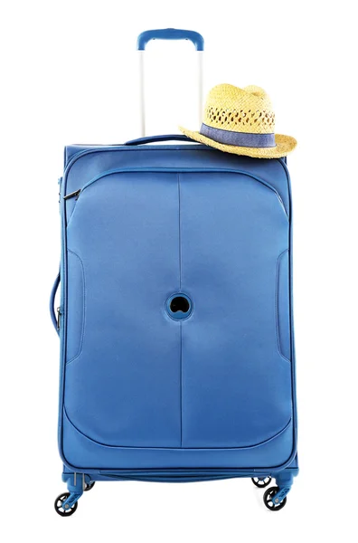 Blue suitcase with hat isolated on white — Stock Photo, Image