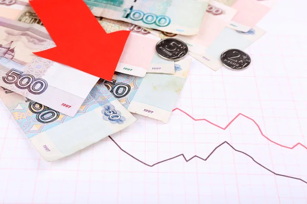 Money and red arrow on graph document close up — Stock Photo, Image