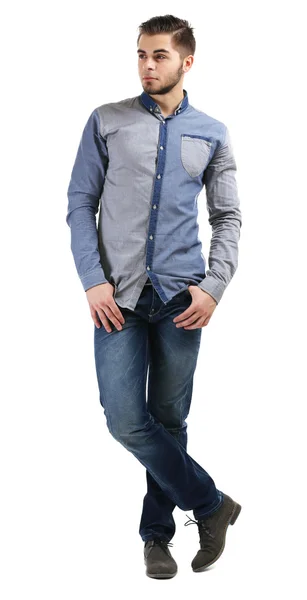 Man in blue shirt and jeans isolated on white — Stock Photo, Image