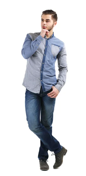 Man in blue shirt and jeans isolated on white — Stock Photo, Image