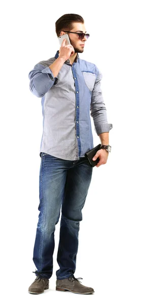 Mann in blauem Hemd und Jeans isoliert auf weißem Grund — Stockfoto