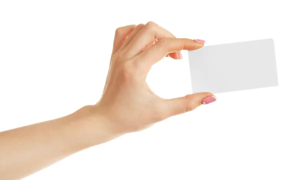 Mão feminina segurando cartão isolado no branco — Fotografia de Stock