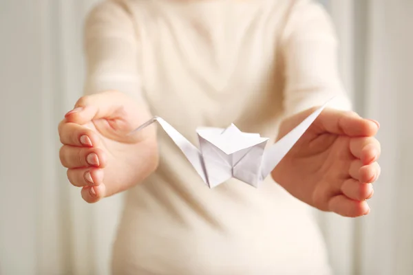 Closeup of female hands with paper crane — Stock Photo, Image