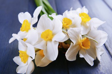 Nergis ahşap arka plan üzerinde güzel buket