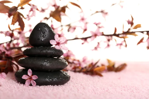 Piedras de spa y flores de primavera sobre toalla sobre fondo claro — Foto de Stock